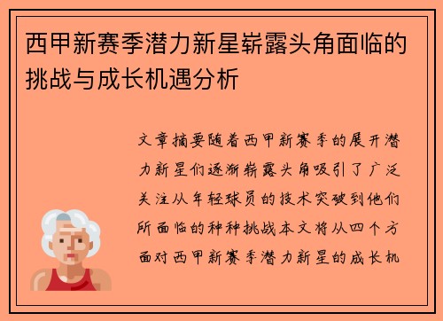 西甲新赛季潜力新星崭露头角面临的挑战与成长机遇分析