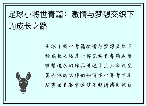 足球小将世青篇：激情与梦想交织下的成长之路